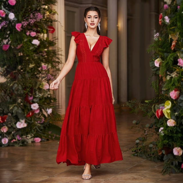 Double Crazy Women'S Long Deep V-Neck Layered Ruffle Hem Evening Party Dress With Cap Sleeves