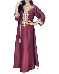 Vestido abaya de satén para mujer, ropa musulmana islámica, bordado dorado, negro, vino, Verde