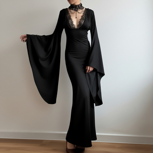 เดรสยาวทรงเมอร์เมด คอวี แขนทรงปีกค้างคาว แต่งลูกปัด ดีไซน์โกธิคสีเข้ม สวยสง่าสำหรับผู้หญิง - Product Image 2