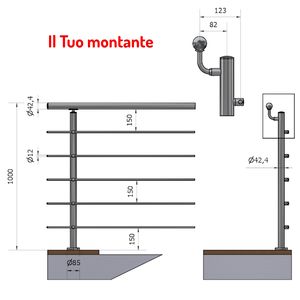 Main courante verticale P110130-5 5 traverses Ø 42.4 Offset Acier inoxydable satiné AISI 304 Balustrades de hauteur au sol Mains courantes - Product Image 1