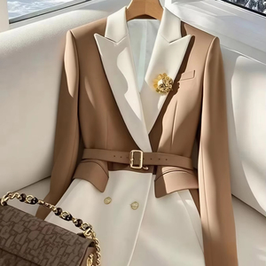 Blazer de mujer de doble botonadura con cuello en V, manga larga, bloques de color, antiarrugas, de terciopelo, poliéster/algodón - Product Image 1