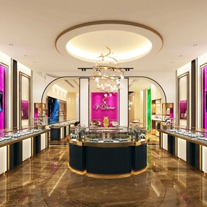 Design d'Interni per Gioielleria di Lusso, Bancone Espositivo Rotondo Personalizzato Nero e Oro con Illuminazione LED - Product Image 1