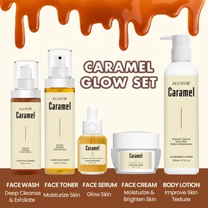 Private Label Caramel Skincare Products Black Skin Brightening Glow Acne Treatment Face Toner Serum Korean Skin Care Set