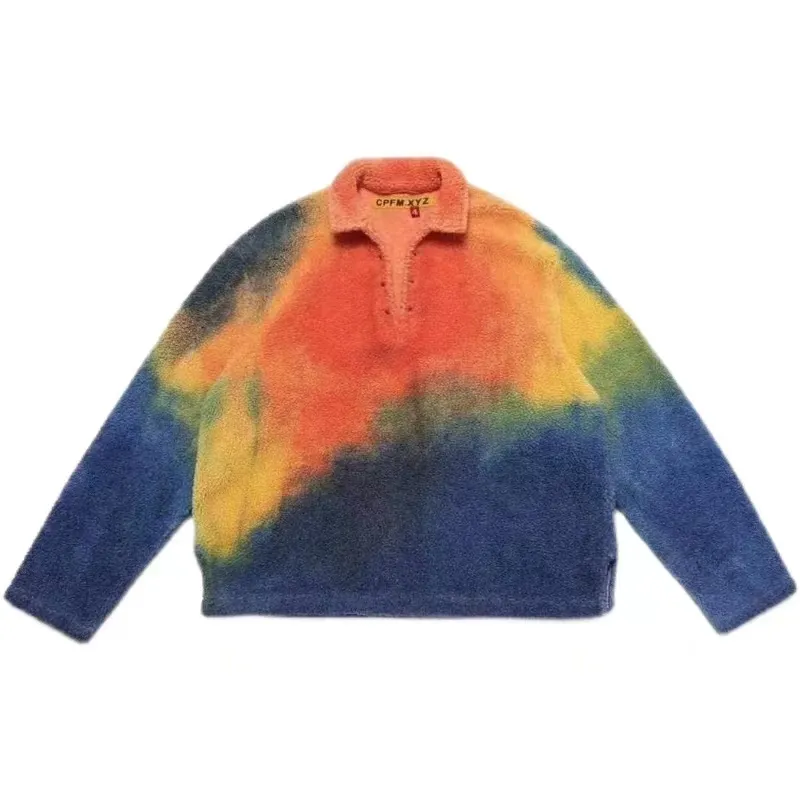DiZNEW Fashion Rainbow Tie Dye Fleece Pullover hoodie french terry sweatshirt Gradient Lamb Jacket Men