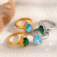 Bijoux de main de luxe légers européens et américains, acier inoxydable plaqué or 18 carats, zirconium vert bleu en forme de goutte d'eau, bague pour femme