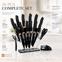 Ensemble de couteaux de cuisine professionnels en acier inoxydable 16 pièces, bloc à couteaux, lames antiadhésives, aiguiseur ambidextre, design moderne