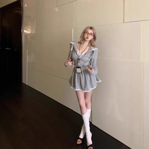 Lace Trimmed Hooded Cropped Sweatshirt Jacket Women Autumn Gray Two Piece Set With A Line Skirt And Pants Casual Suit - Product Image 2