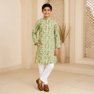 <b>Boys</b> <b>Kurta</b> Pajama Set Linen Digital Print Paisley Green Ethnic Festive Wear Kids Indian Clothing 0-14 Years Wholesale - Product Image 1