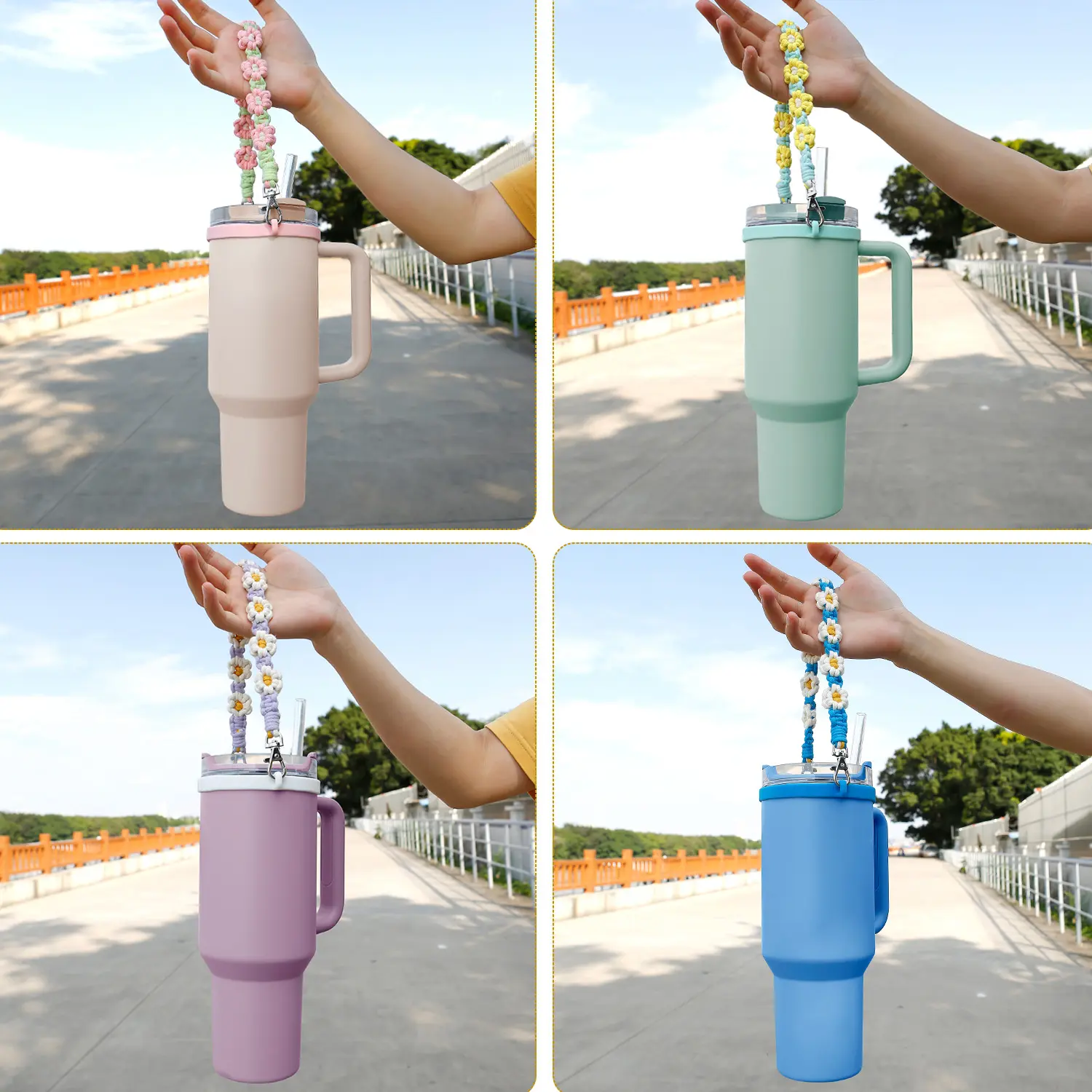 ins popular hand-woven Daisy Boho flower thickened silicone ring portable 40oz water bottles strap lanyard cup holder