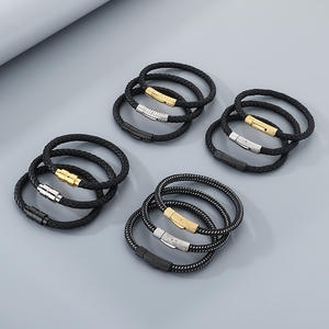 Pulsera de malla industrial Pulsera de acero inoxidable para hombre con cierre de liberación rápida Pulsera de cuerda de cuero ajustable - Product Image 1