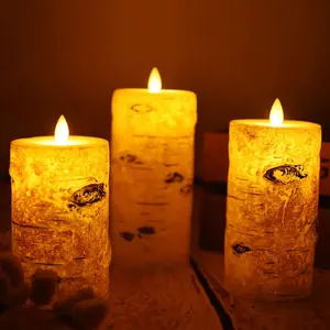 3 buah/set Amazon terlaris lilin pilar tanpa api kulit Birch palsu dengan pengendali jarak jauh untuk suasana perayaan dan Natal