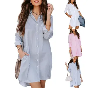 2022 Casual Light Weight Side Pocket Button Down Long Sleeve Collared Oversized Solid Stripe Shirt Dress Woman