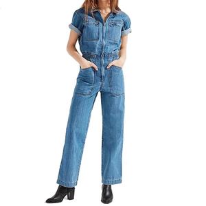 จั๊มสูทลำลองแขนสั้นผ้ายีนส์สีน้ำเงินสำหรับผู้หญิง สวมใส่ทำงานได้ เอวยางยืด ติดซิป จั๊มสูทขายาวสำหรับสุภาพสตรี - Product Image 4