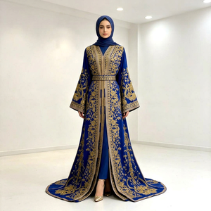 Fashionista Women Modest Floor-Length Blue <b>Gold</b> Paisley Pattern Embroidered V-Neck Long Sleeve A-Line Silhouette <b>Evening</b> <b>Dress</b> - Product Image 1