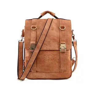 Business office school casual Custom Logo Long strap girl brown real leather backpack bag