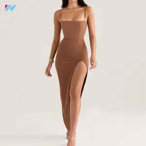 Custom Wholesale Brown Cotton Bodycon Sexy High Slit Sleeveless Maxi Long Corset Dress For Women