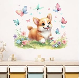 Cartoon Fun Pet Corgis with butterfly or <b>rainbow</b> Wall Stickers Children's Bedroom Living Room Background Wall Decoration - Product Image 3