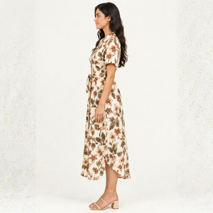 Vestido Midi Casual de Gasa con Estampado Floral para Mujer, Manga Corta, Cuello en V, Cinturón, Estilo Línea A, para Verano - Product Image 1