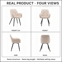 Chaise de salle à manger moderne en velours rembourrée avec accoudoirs et dossier capitonné, pieds en métal noir, stable pour la maison, la salle à manger, l'appartement, l'hôtel