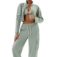 Ensemble de sport décontracté pour femme avec poches de style workwear, veste zippée à col montant et pantalon décontracté à jambe droite, ensemble deux pièces