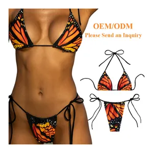 Personalizado nuevo Sexy mariposa estampado Mini Micro brasileño dos piezas Bikini ropa de playa Halter traje de baño mujeres Tanga traje de baño