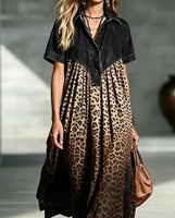 Gaun Midi A-Line Lengan Pendek Kancing Depan Motif Leopard Gaya Denim Hitam Wanita, Gaun Kemeja Kasual Longgar