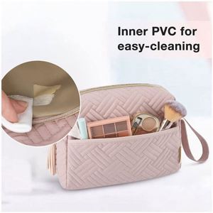 Fashion Luxury Travel Makeup <b>Pouch</b> Portable Soft Peach Velvet Cosmetic Bag With Handle - Product Image 5