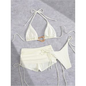 Conjunto de Bikini de 3 Piezas para Mujer FOXA, Top Halter con Brillo Metálico, Braguita Tipo Boyshort, Corte Alto, Tela Elástica - Product Image 3