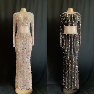 Set Pakaian Pesta Pernikahan Wanita, Gaun Pesta Malam Mewah Elegan 2 Potong Pusar Manik-manik Berlian Berkilau Set Pakaian Musim Semi 2022 - Product Image 2