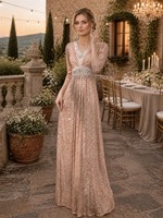 Robe de soirée plissée en sequins or rose, col en V, manches trois quarts, ceinture en cristal, coupe trapèze, vente en gros