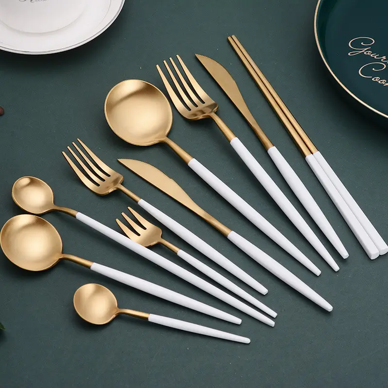 Personalized White Gold Cutlery Stainless Steel Wedding Event Christmas party matte Silverware Set