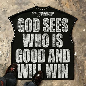 T-shirt Homme Oversize Tendance en Coton Lourd Respirant, Col Rond Sans Manches, Style Rétro Urbain avec Rivets, Impression DTG Personnalisée - Product Image 2