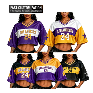 <span class=keywords><strong>Camiseta</strong></span> de los <span class=keywords><strong>Lakers</strong></span> de Los Ángeles Kobe para mujer, estilo crop top Y2K, con malla y patchwork, corte holgado, jersey de <span class=keywords><strong>baloncesto</strong></span>, MOQ bajo, personalización rápida. - Product Image 1