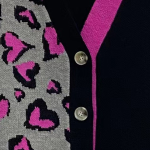 Cardigan Femme Chic et Élégant en Maille Color Block <span class=keywords><strong>Rose</strong></span> Cœur Léopard Jacquard Col V Coupe Oversize - Product Image 3