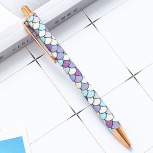 <b>Glitter</b> Coated 1.0mm Thick Leopard Crystal Mermaid Scale Design Colorful PLUNGER Click Ball Pen Sparkly Faux Leather Metal - Product Image 5
