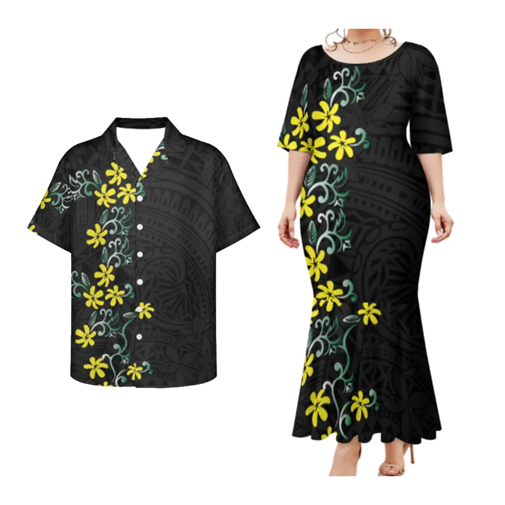 Hawaiian Tropical Style Design Custom 2 pcs Couple Clothes Casual Big Size Mens Shirts Woman Dress Evening Party