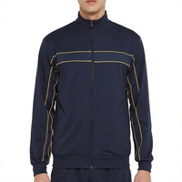 Veste de survêtement bleu marine pour homme avec fermeture éclair intégrale, coutures jaunes, col montant, design sportif, polyester respirant, idéale pour l'automne
