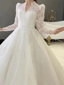 2025 S0281H vestido de novia de moda de talla grande elegante vestido de novia Formal cuello alto diseño real patrón de encaje gran oferta capilla - Product Image 2