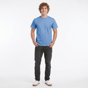 T-shirt décontracté en coton bleu uni pour homme, col rond, manches courtes, coupe classique, tricot jersey, teinture unie, design vierge - Product Image 1