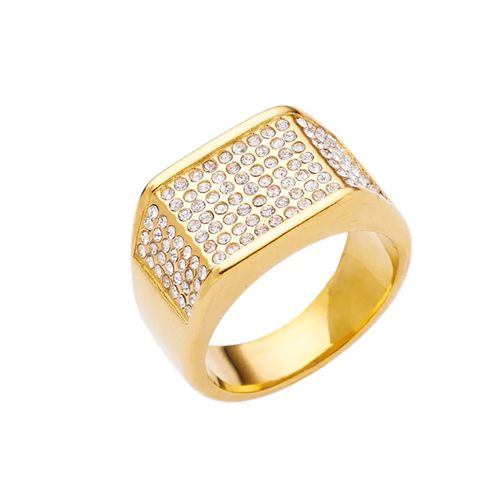 Jachon Edelstahl Plattiert 18K Gold Volldiamant Zirkon Geometrie breite quadratische Ringe für Mann Mode Herrenzubehör