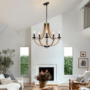 Lustre rustique à 5 lumières de style ferme, luminaire suspendu <span class=keywords><strong>en</strong></span> bois pour salle à manger, îlot de cuisine, salon, hall d'entrée - Product Image 3
