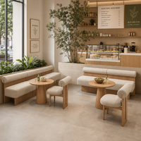 Ensemble de meubles de café Japandi moderne, table ronde en bois massif et chaises en bouclette pour restaurant, bistro, sièges de restauration