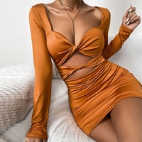 Robes crépues à manches longues pour femmes, Mini robe élégante plissée, moulante, avec col en V profond torsadé, froncée, décontractée, pour soirée, boîte de nuit