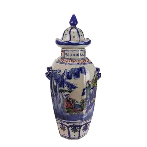 Película abierta antigua Jingdezhen en azul y blanco con ocho personajes inmortales, tarro octogonal de porcelana Ancester, a la venta