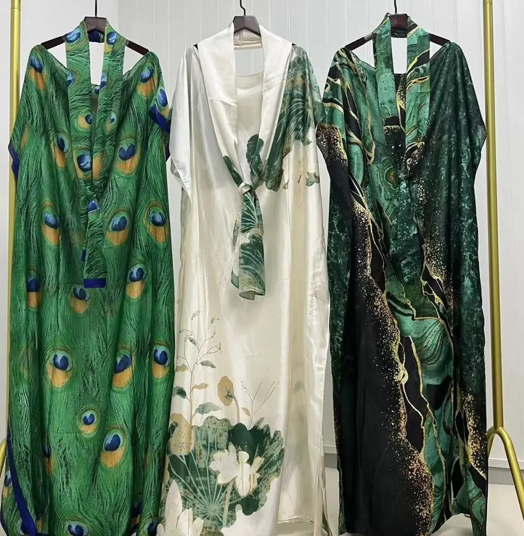 2023Summer New Fashion Causal Loose Plus Size Dress Peacock Print Long Dress Banquet Abaya Customer Kaftan Silk