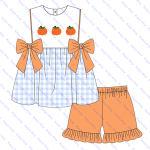 Logo personalizzato <span class=keywords><strong>zucca</strong></span> intrecciata in cotone a quadretti per bambini abiti <span class=keywords><strong>da</strong></span> <span class=keywords><strong>bambina</strong></span> abbinati pagliaccetti a bolle per neonato - Product Image 4