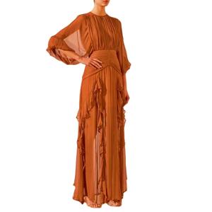 Vestido de Chifón de Moda con Manga Larga, Cintura Alta, Volantes y Manga Farol, Liso, Midi, para Mujer, Venta al por Mayor Personalizada - Product Image 1