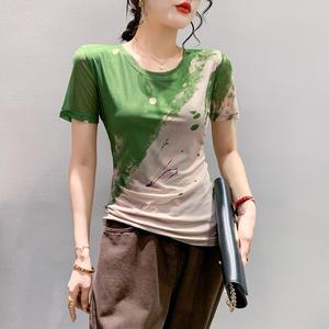 Nouveau T-<span class=keywords><strong>shirt</strong></span> en <span class=keywords><strong>gaze</strong></span> à manches courtes et col rond avec imprimé positionné, coupe ajustée amincissante pour <span class=keywords><strong>femme</strong></span>, tendance - Product Image 6