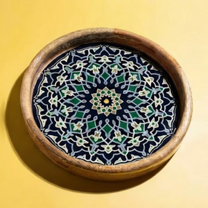 Handcrafted Round Wooden <b>Decorative</b> <b>Tray</b> With Geometric Enamel Coated Mandala Pattern Bohemian Design Handcrafted Single Piece - Product Image 1