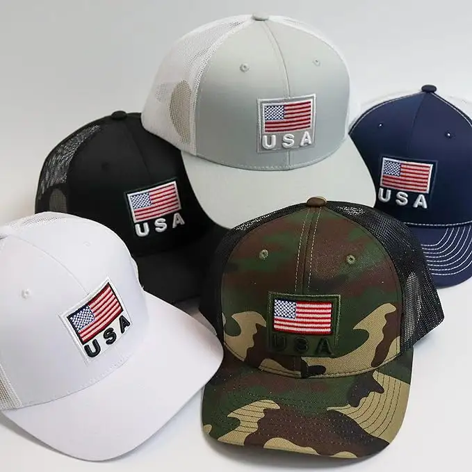 Topi bendera Amerika topi bordir Logo 3D kustom, topi Trucker jaring bersirkulasi USA, topi bisbol tahan air uniseks